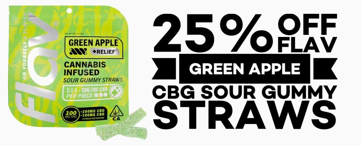 25% off Flav Green Apple CBG Sour Gummy Straws.