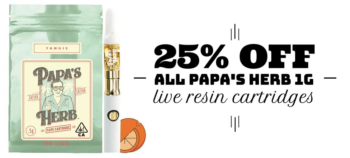 August 8-14: 25% off all Papa's Herb 1g Live Resin Cartridges.
