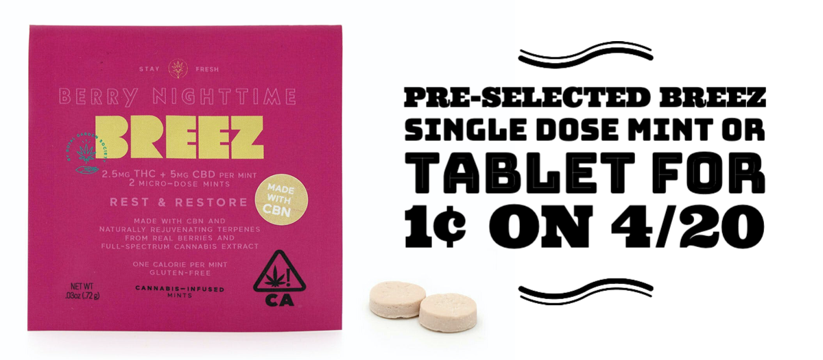Pre-selected Breez Single Dose Mint or Tablet for 1¢ on 4/20