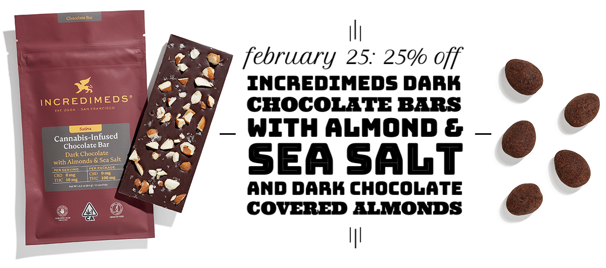 In celebration of National Chocolate Covered Nut Day on February 25, IncrediMeds Dark Chocolate Bars with Almond & Sea Salt and IncrediMeds Dark Chocolate Covered Almonds are 25% off.