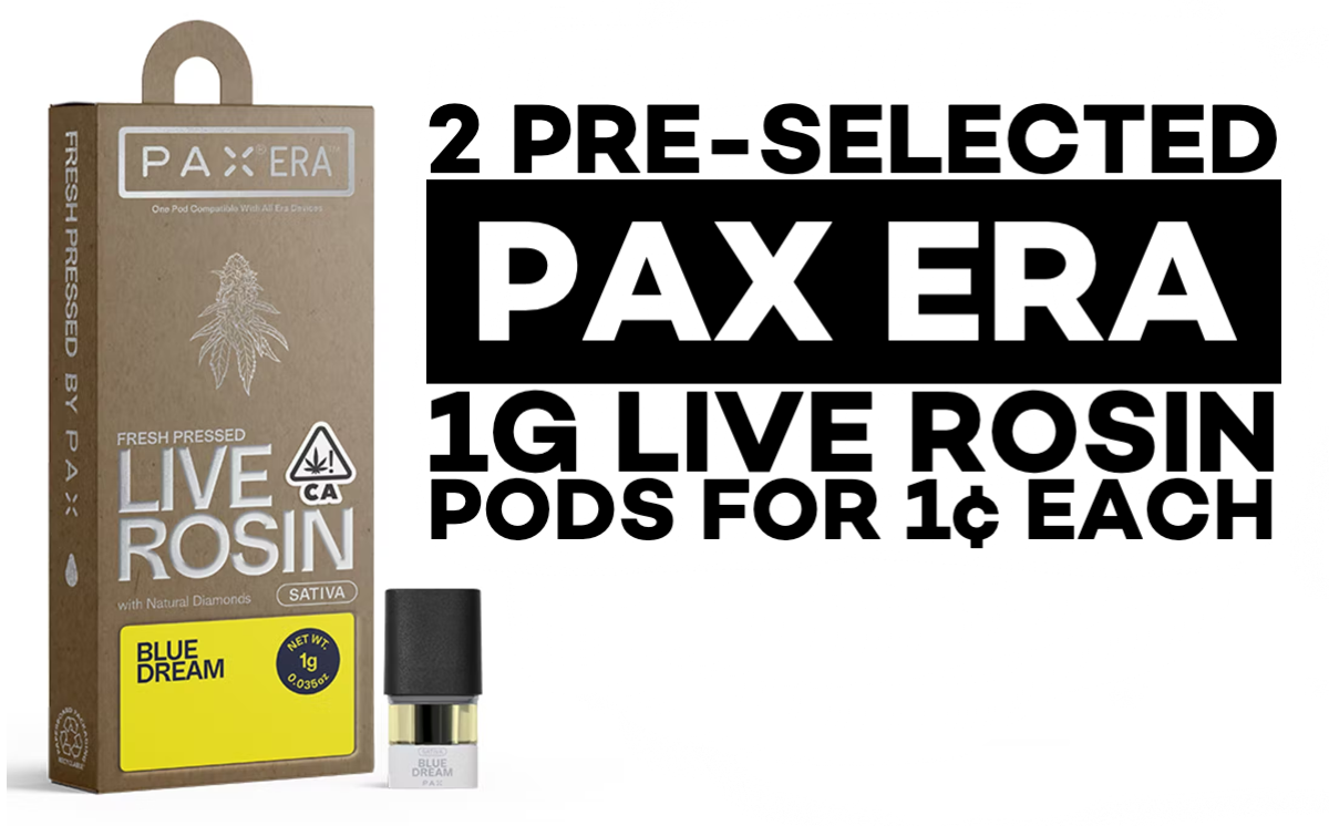 two pre-selected PAX Era 1g Live Rosin Pods for 1¢ each