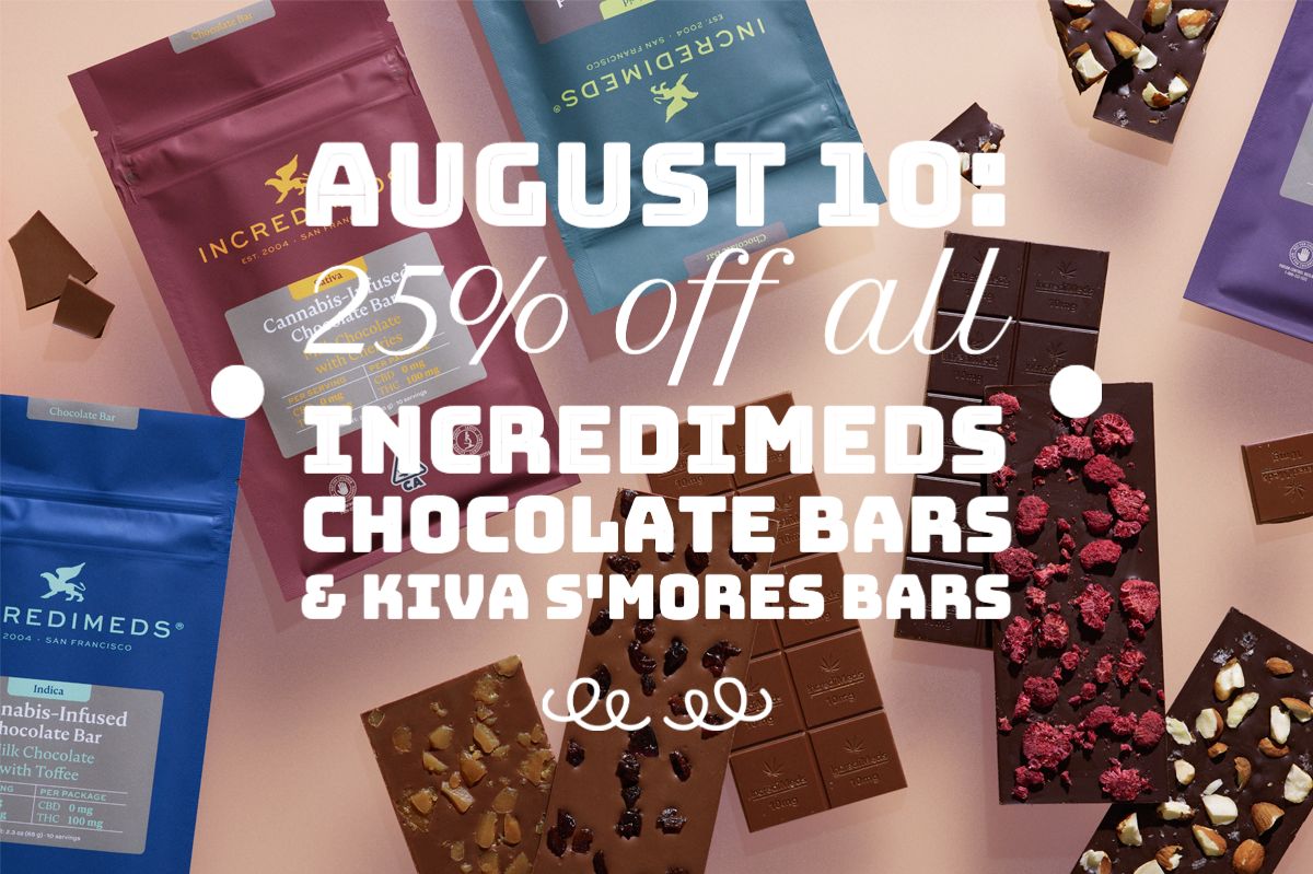 August 10: 25% Off All IncrediMeds Chocolate Bars & Kiva S'Mores Bars