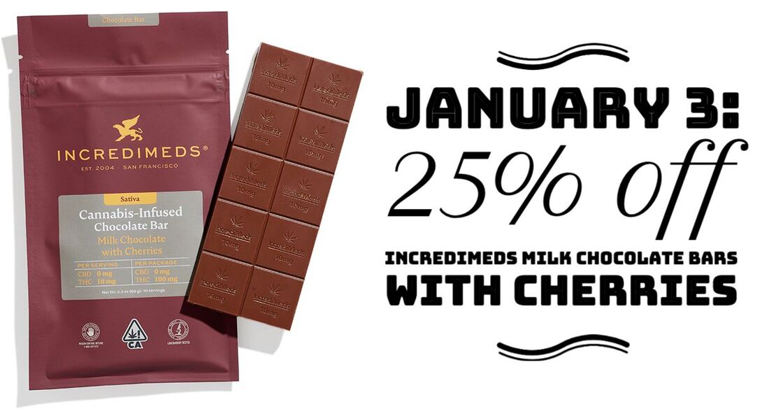 In celebration of National Chocolate Covered Cherry Day on January 3, IncrediMeds Milk Chocolate Bar with Cherries are 25% off.