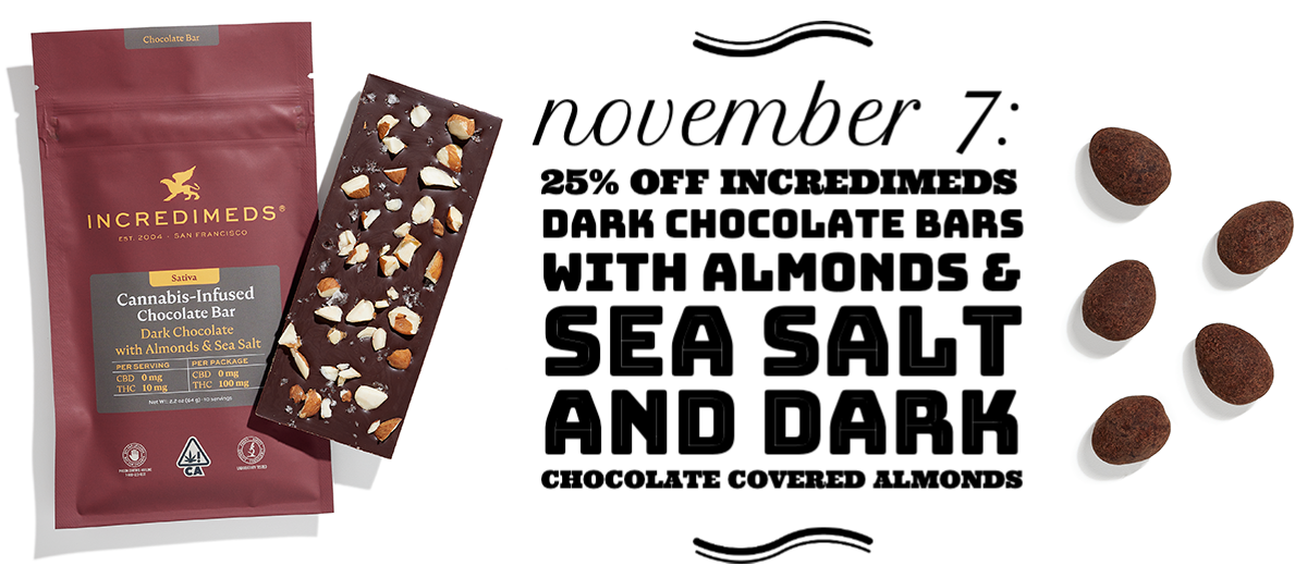 November 7: 25% off IncrediMeds Dark Chocolate Bars with Almonds & Sea Salt and Dark Chocolate Covered Almonds